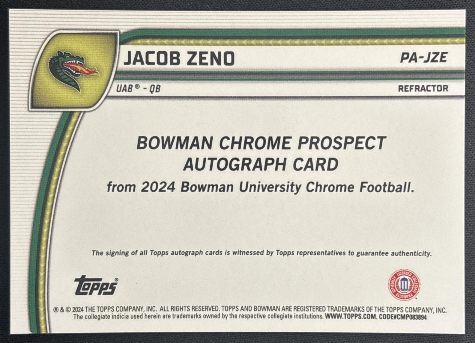 Jacob Zeno 2024 Bowman Chrome University Prospect Auto Refractor /299 back
