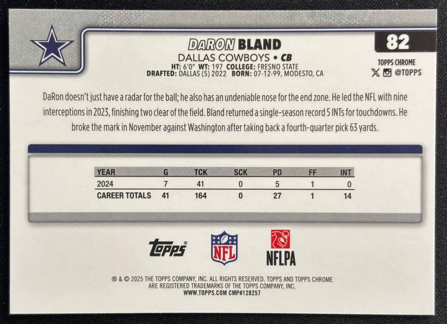 DaRon Bland 2025 Topps Chrome Cowboys Sports Trading Cards