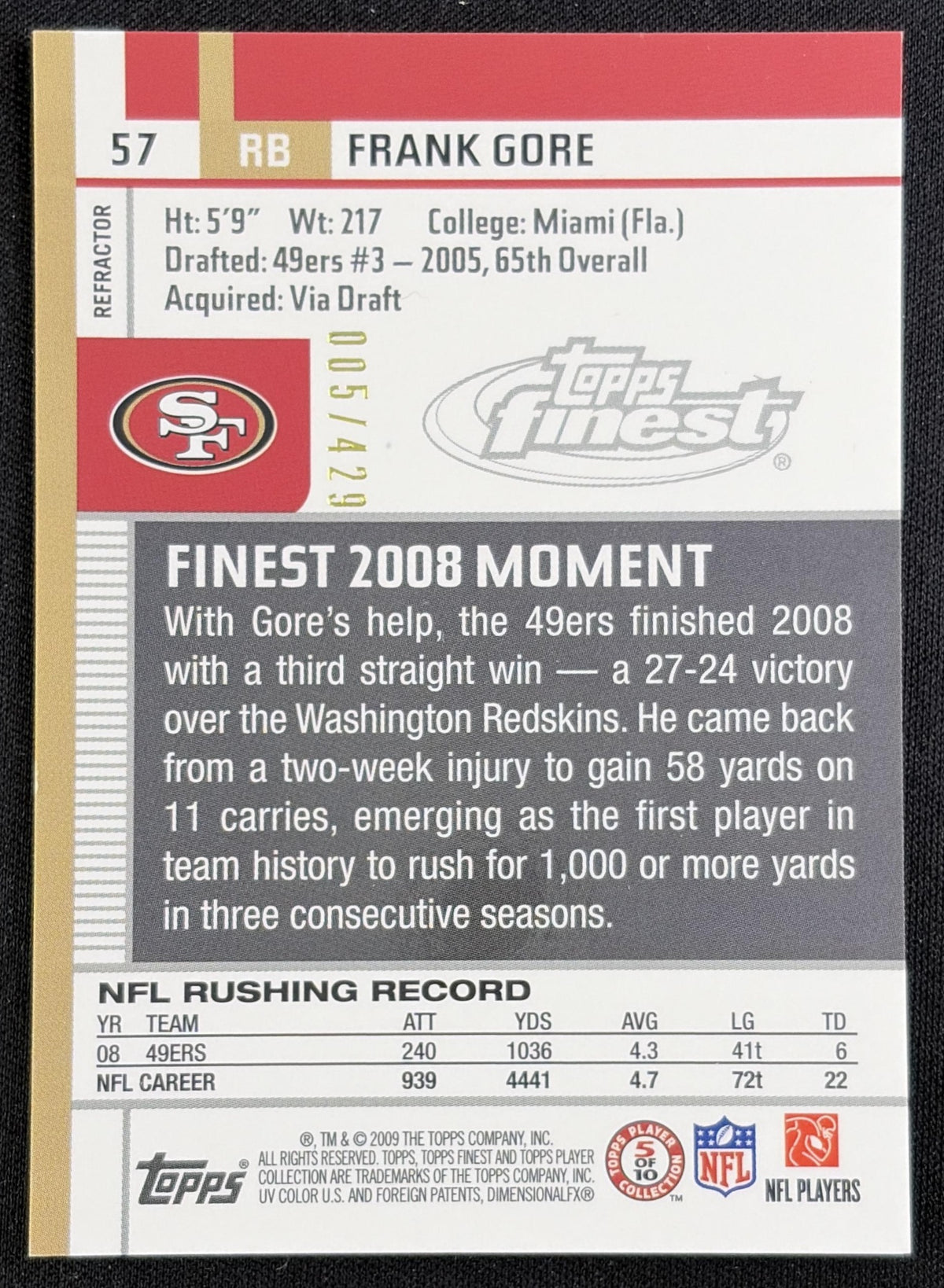 Frank Gore 2009 Topps Finest Blue Refractor /429 49ers