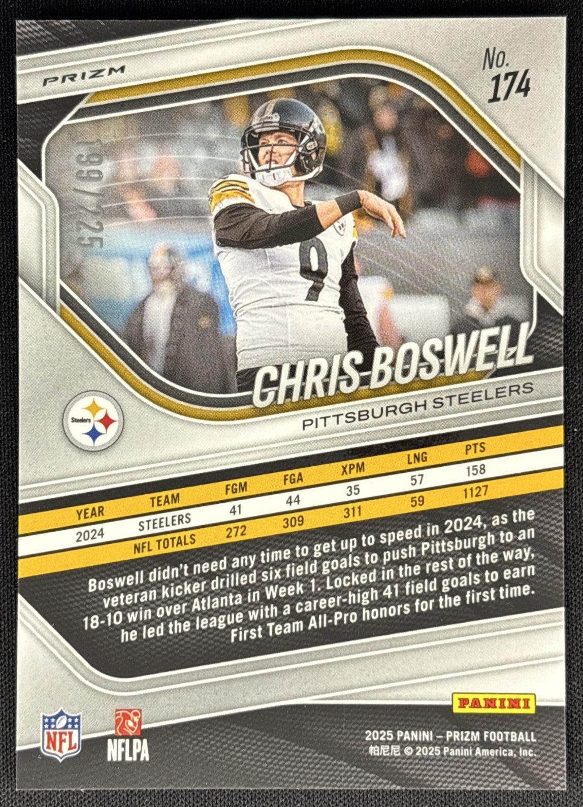 Chris Boswell 2025 Panini Prizm Purple Ice /225 Steelers Sports Trading Card