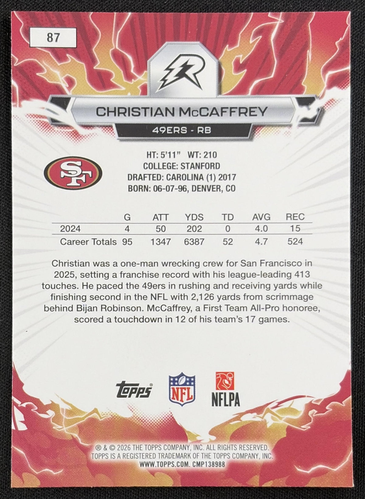 Christian McCaffrey 2025 Topps Resurgence Black and White Surge Refractor /399 49ers