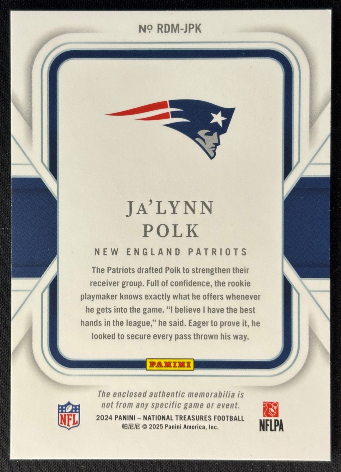 Ja'Lynn Polk 2024 National Treasures Rookie Dual Materials /99 Patriots back | Wayne Collection