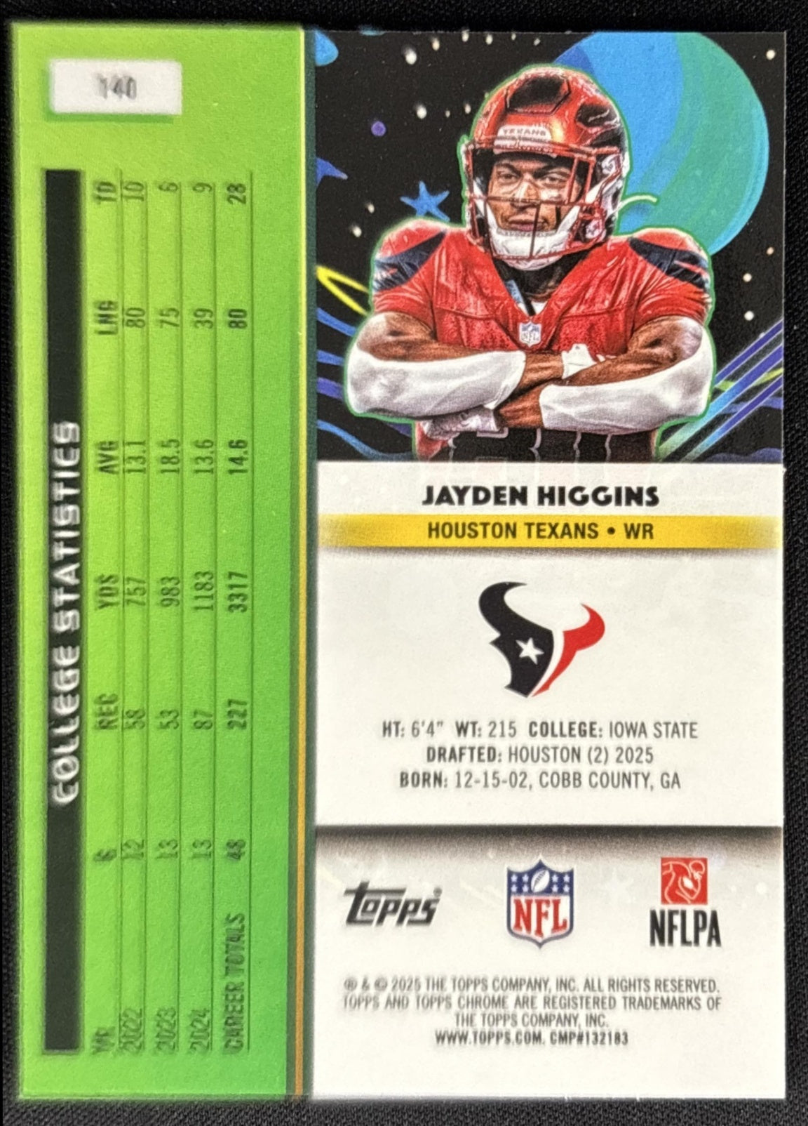Jayden Higgins 2025 Topps Cosmic Chrome Texans