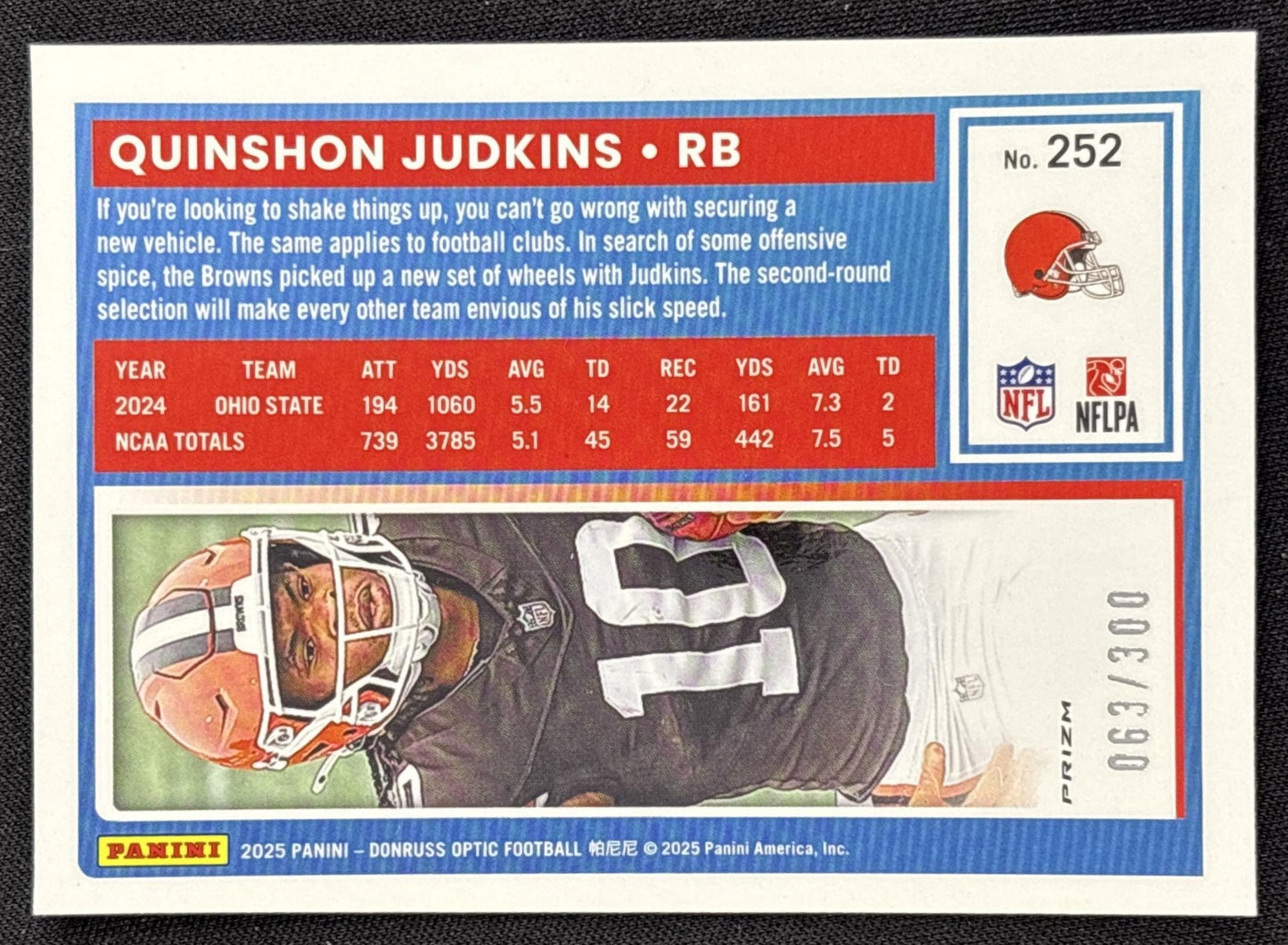 Quinshon Judkins 2025 Panini Donruss Optic Rated Rookie Wave Prizm /300 Browns - back