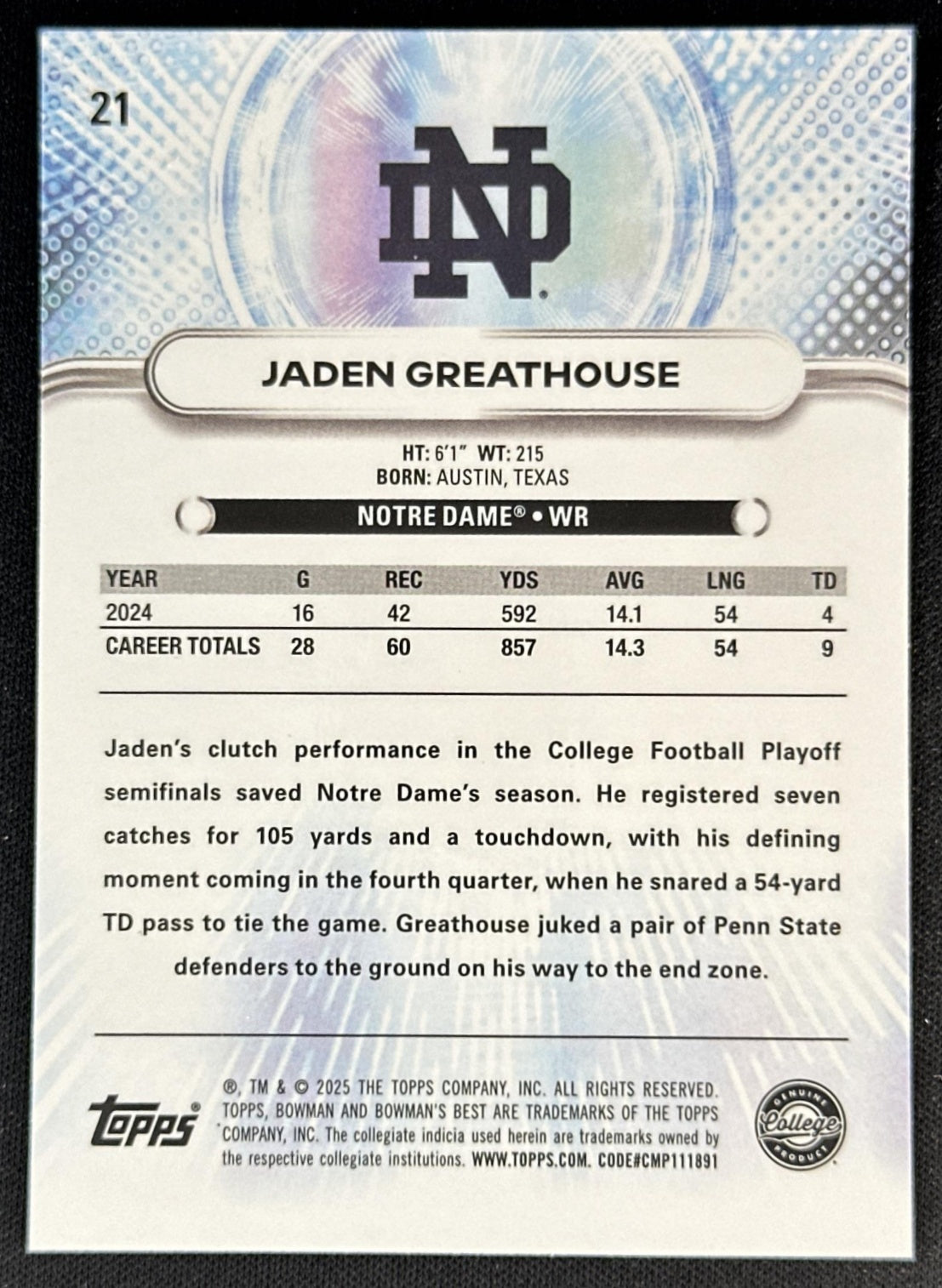 Jaden Greathouse 2025 Best University Aqua Lava Refractor /199 Fighting Irish
