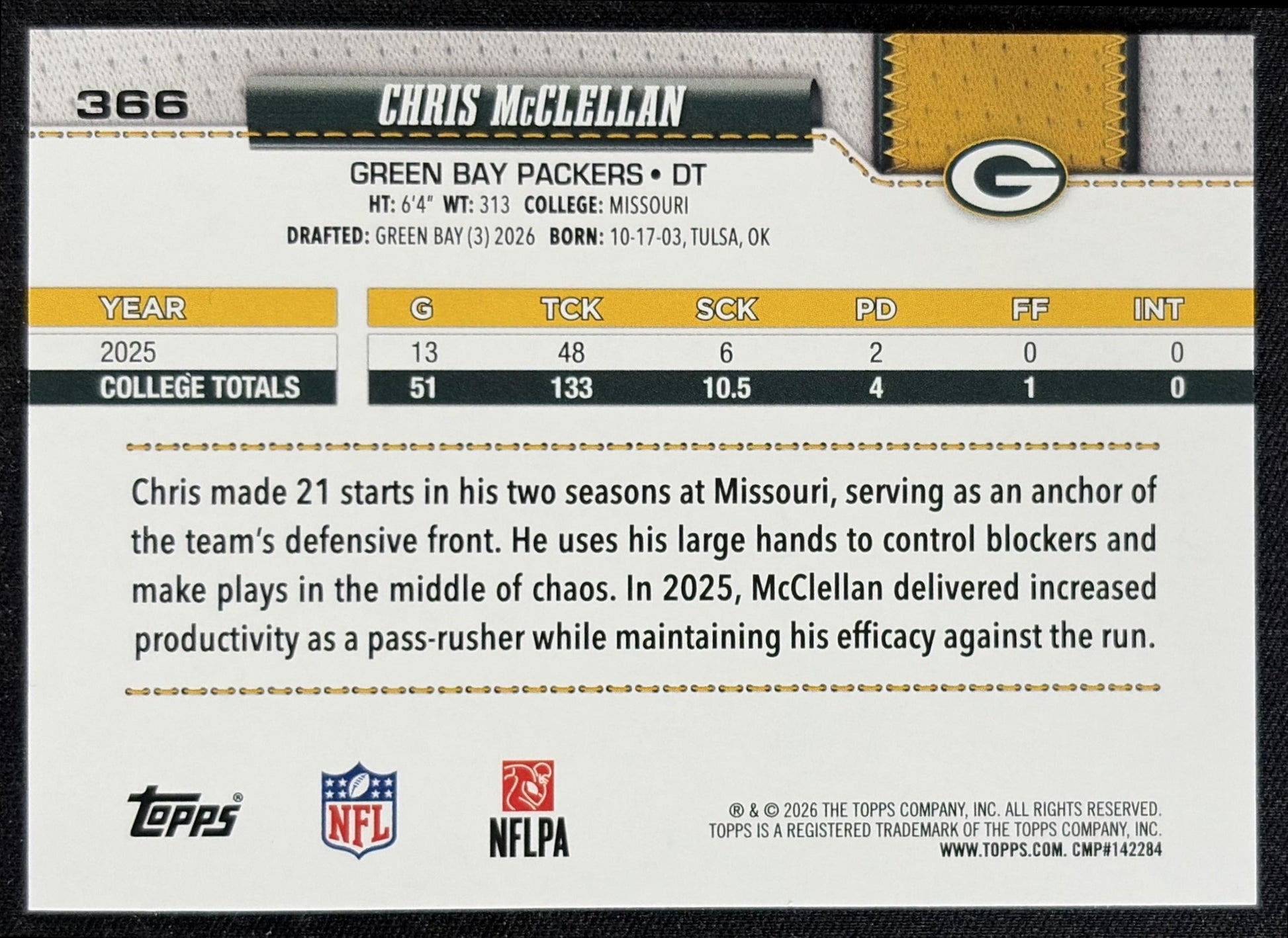 Chris McClellan 2026 Topps Football Leather Foil Packers back