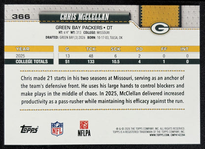 Chris McClellan 2026 Topps Football Leather Foil Packers back