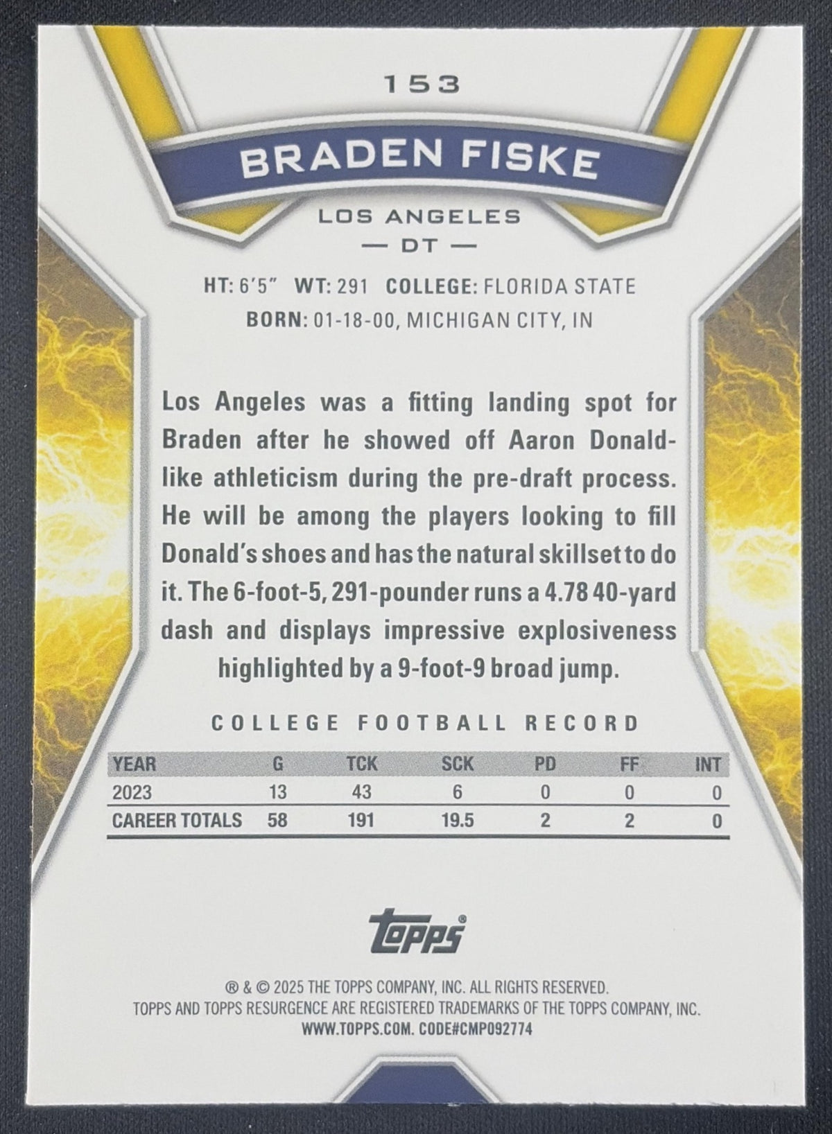 Braden Fiske 2024 Topps Resurgence Yellow Surge /225 Rams