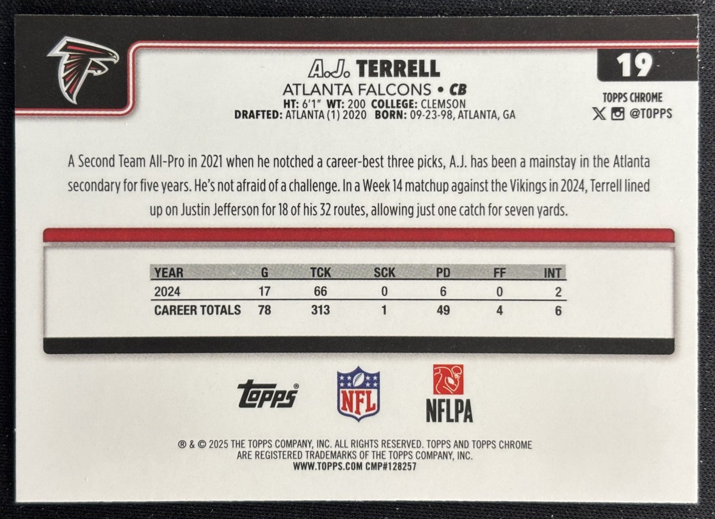 A.J. Terrell 2025 Topps Chrome X-Fractor Falcons Sports Trading Cards