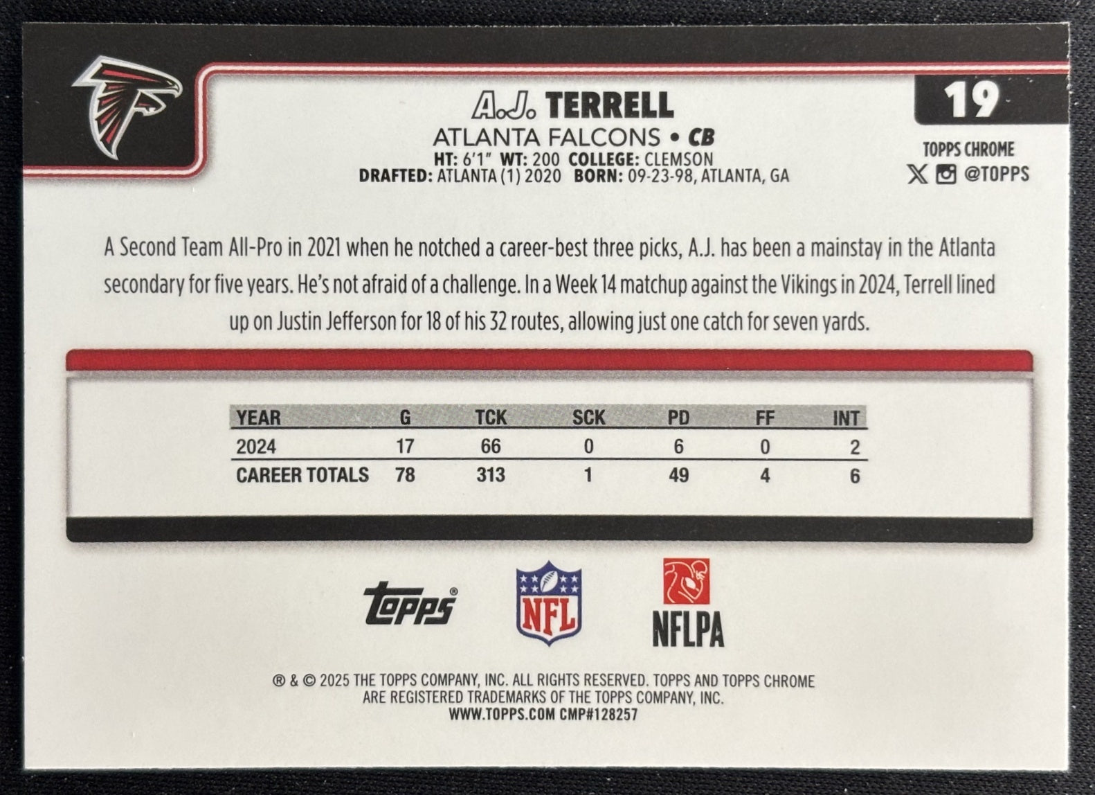 A.J. Terrell 2025 Topps Chrome X-Fractor Falcons Sports Trading Cards