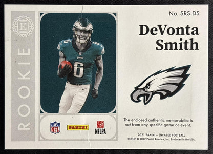 *Damaged* DeVonta Smith 2021 Encased Substantial Rookie Swatches Sapphire /50 Eagles Sports Trading Cards