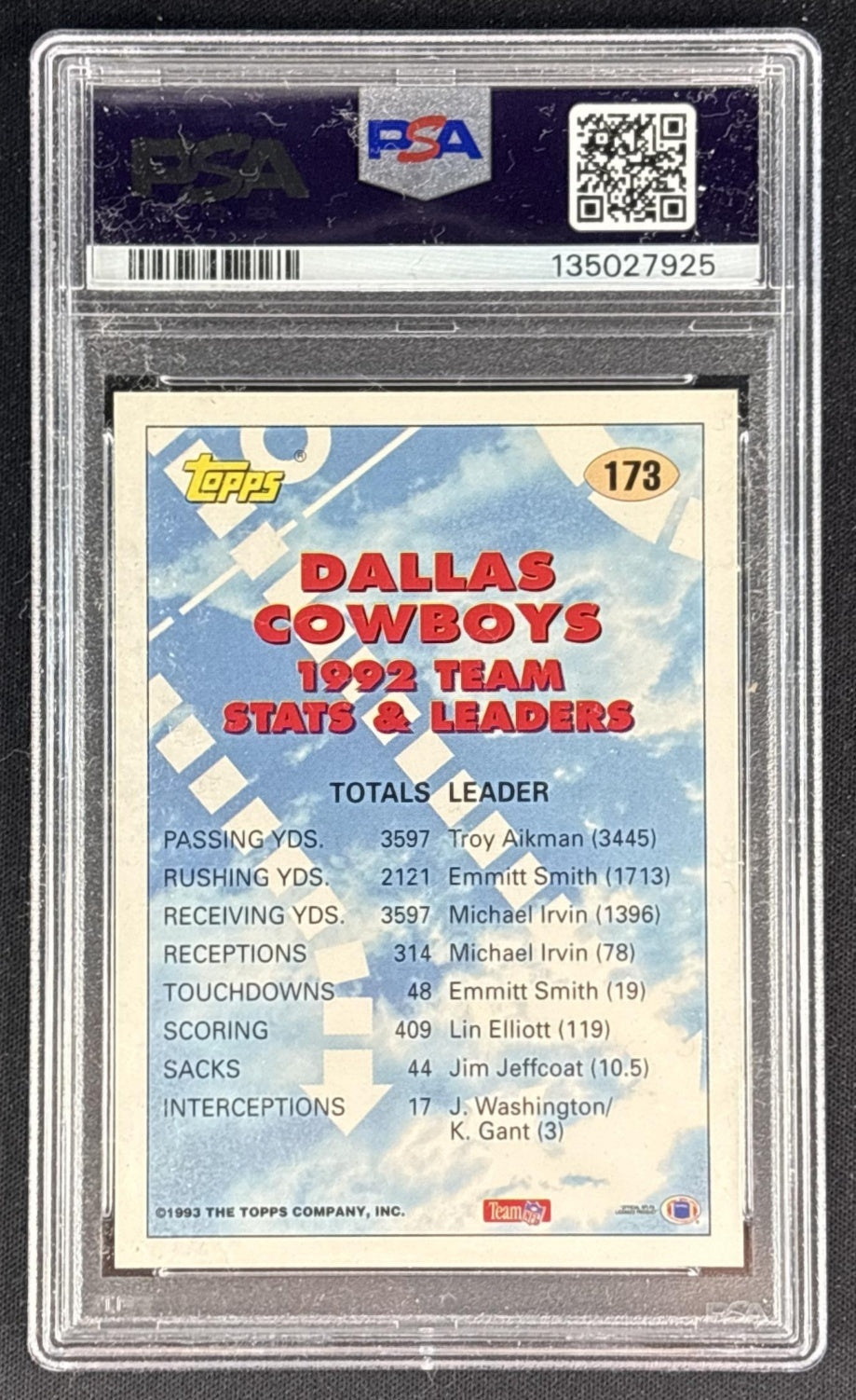Emmitt Smith 1993 Topps PSA 10 Cowboys Back