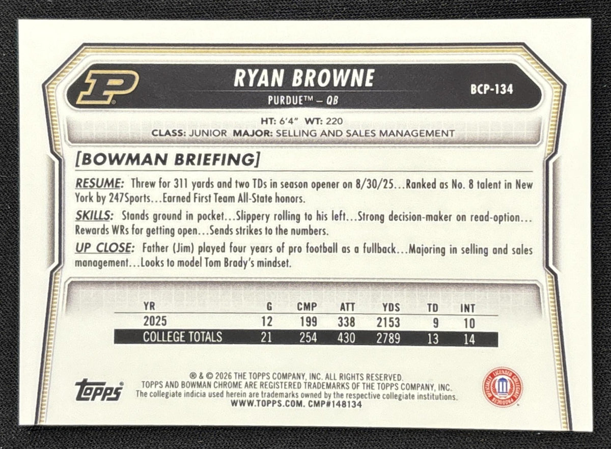 Ryan Browne 2026 Bowman Chrome Prospects Gold Shimmer Refractor /50 Boilermakers