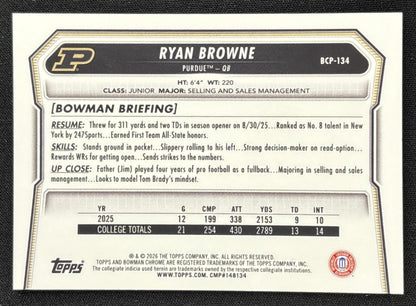 Ryan Browne 2026 Bowman Chrome Prospects Gold Shimmer Refractor /50 Boilermakers