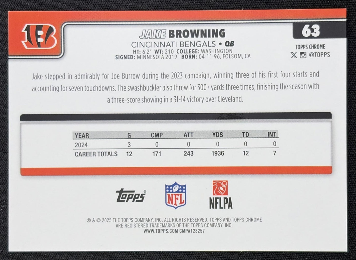 Jake Browning 2025 Topps Chrome Gold Geometric Refractor /50 Bengals Cincinnati Bengals