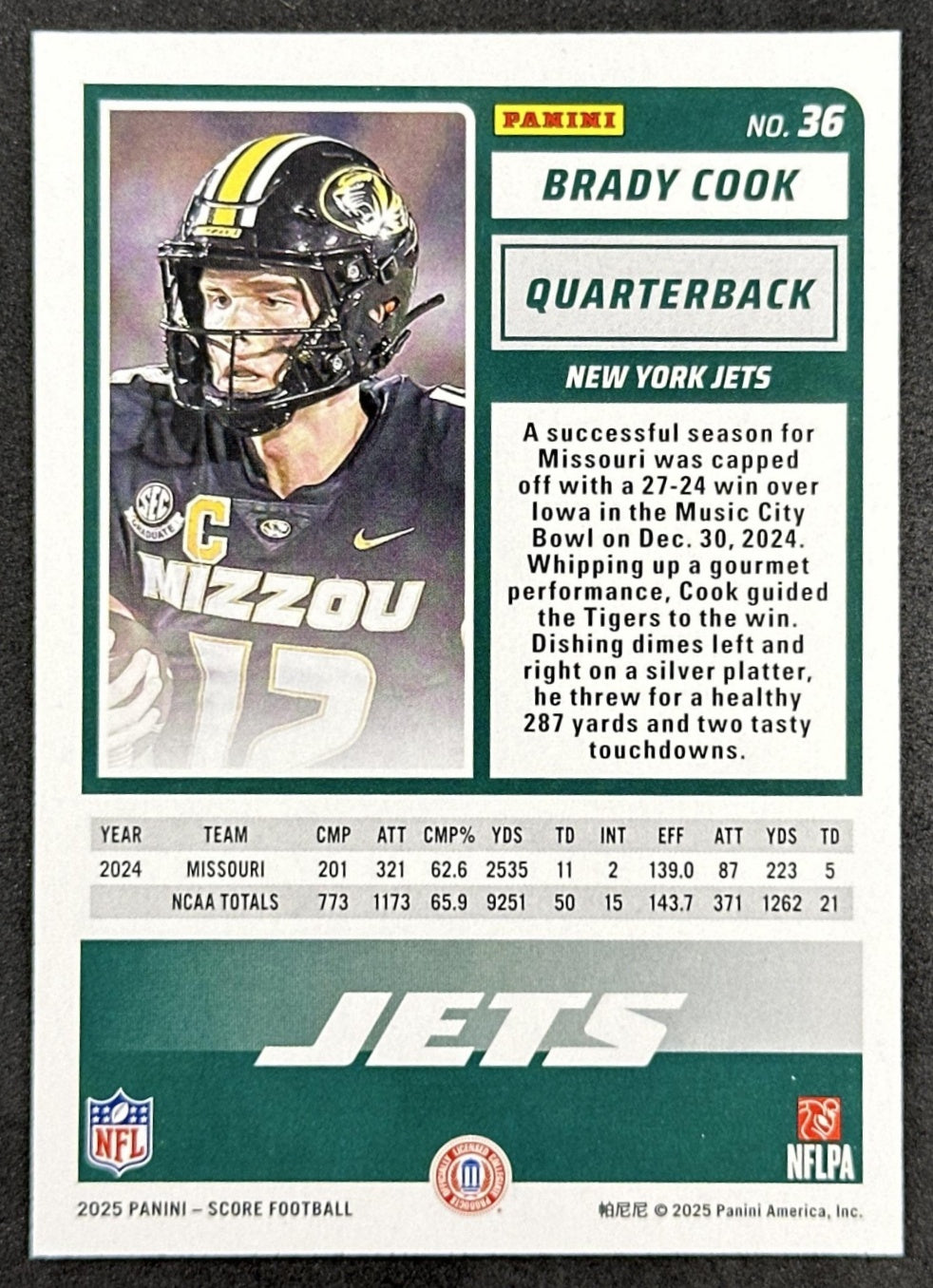 Brady Cook 2025 Panini Score Scorecard Rookies Jets