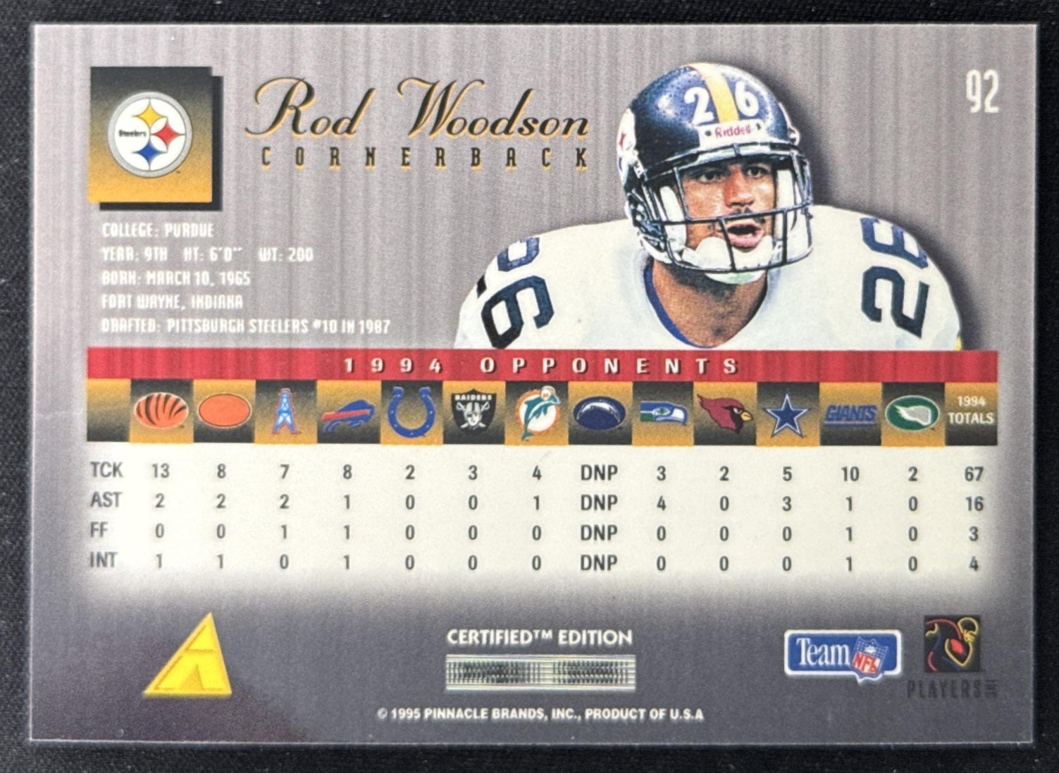 Rod Woodson 1995 Pinnacle Select Certified Steelers Sports Trading Card