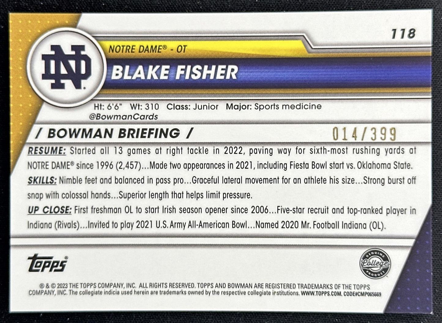 Blake Fisher 2023 Bowman University Chrome Purple Refractor /399 Fighting Irish back
