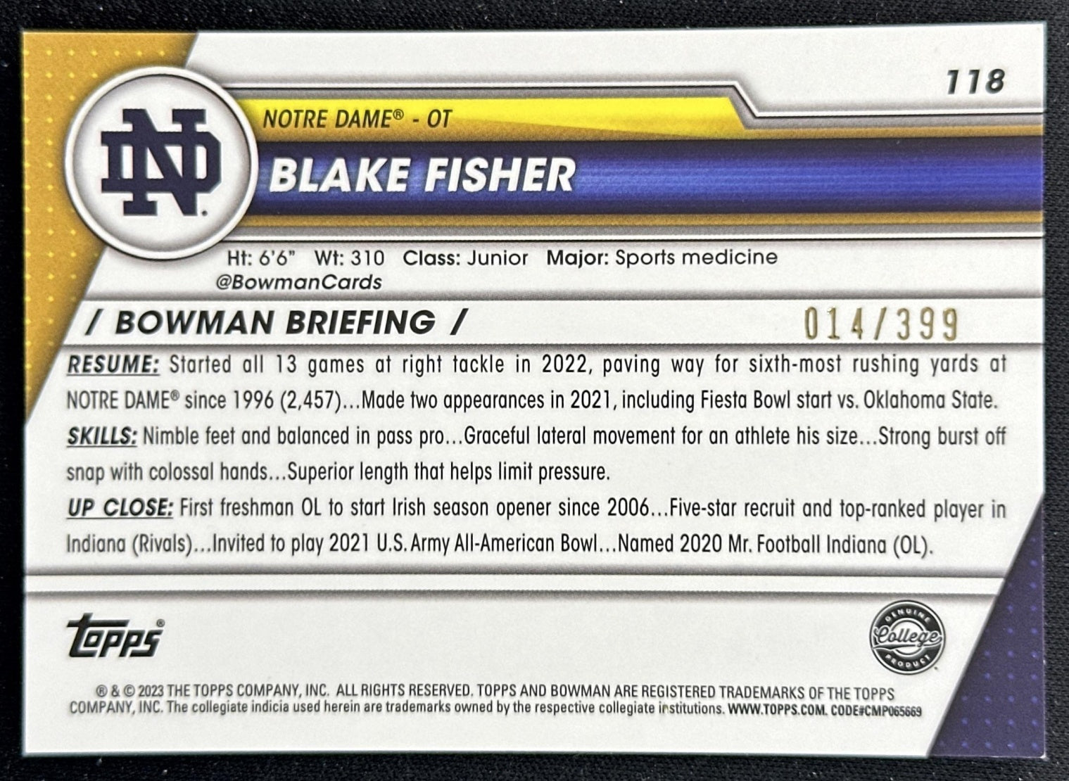 Blake Fisher 2023 Bowman University Chrome Purple Refractor /399 Fighting Irish back