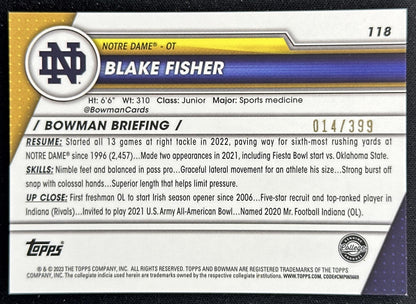 Blake Fisher 2023 Bowman University Chrome Purple Refractor /399 Fighting Irish back