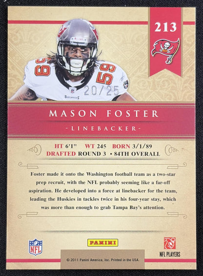 Mason Foster 2011 Panini Gold Standard Platinum /25 Buccaneers Sports Trading Card