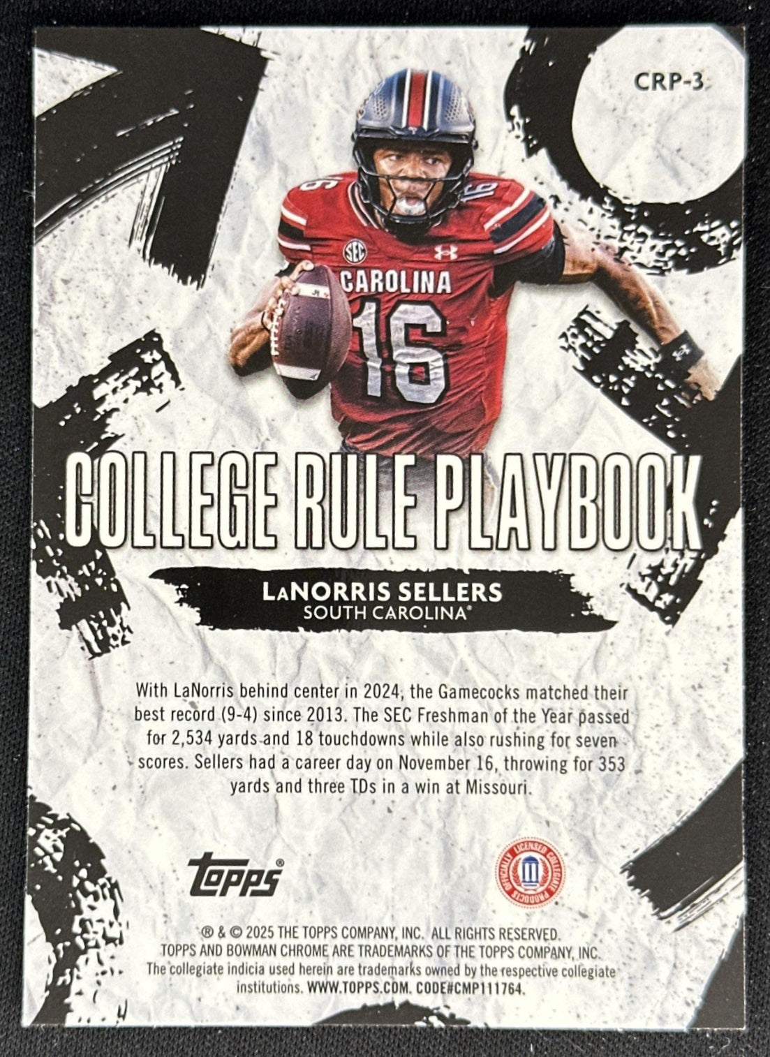 LaNorris Sellers 2025 Bowman Chrome University College Rule Playbook Gamecocks back