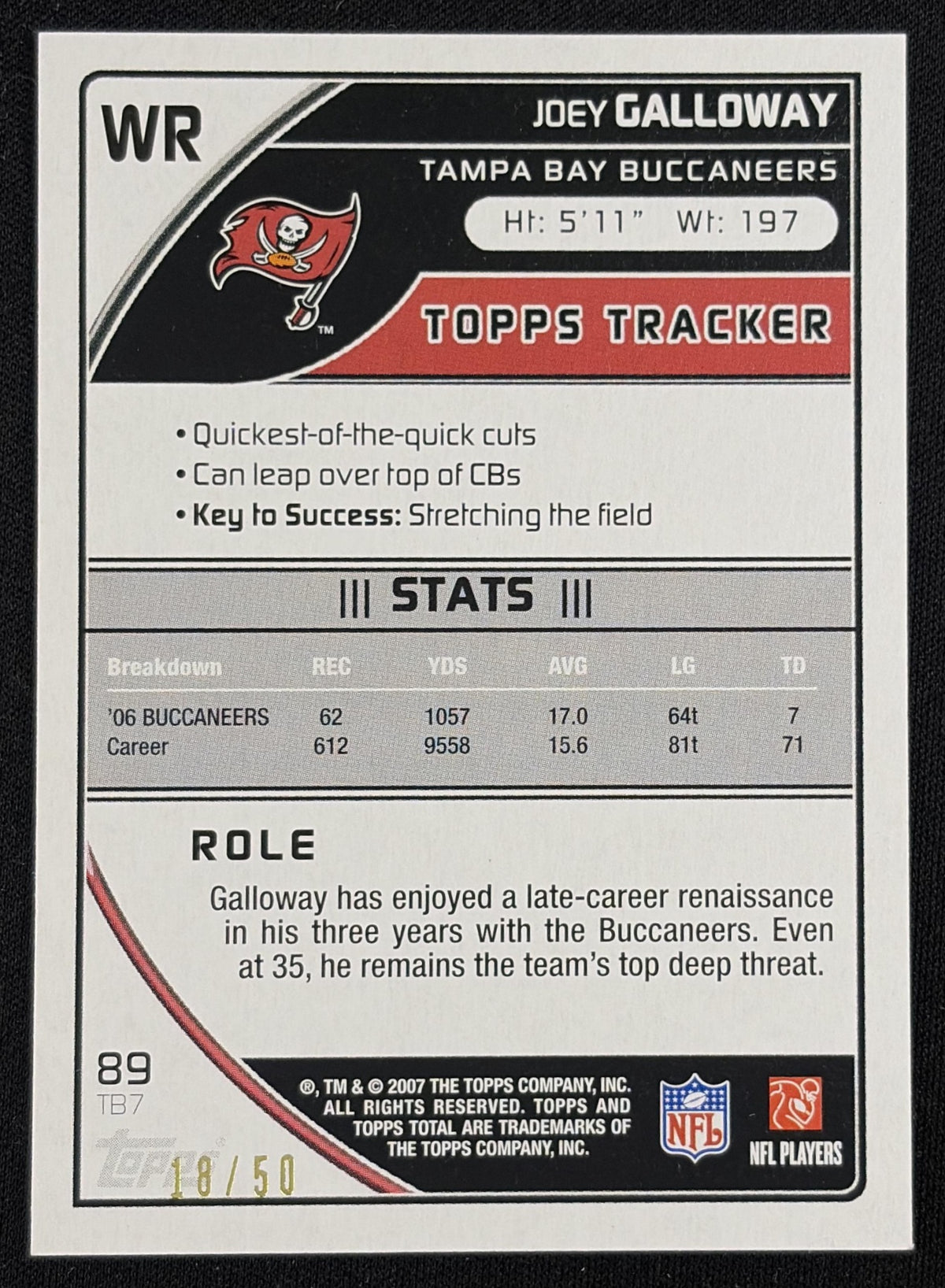Joey Galloway 2007 Topps Total Black /50 Buccaneers Sports Trading Card
