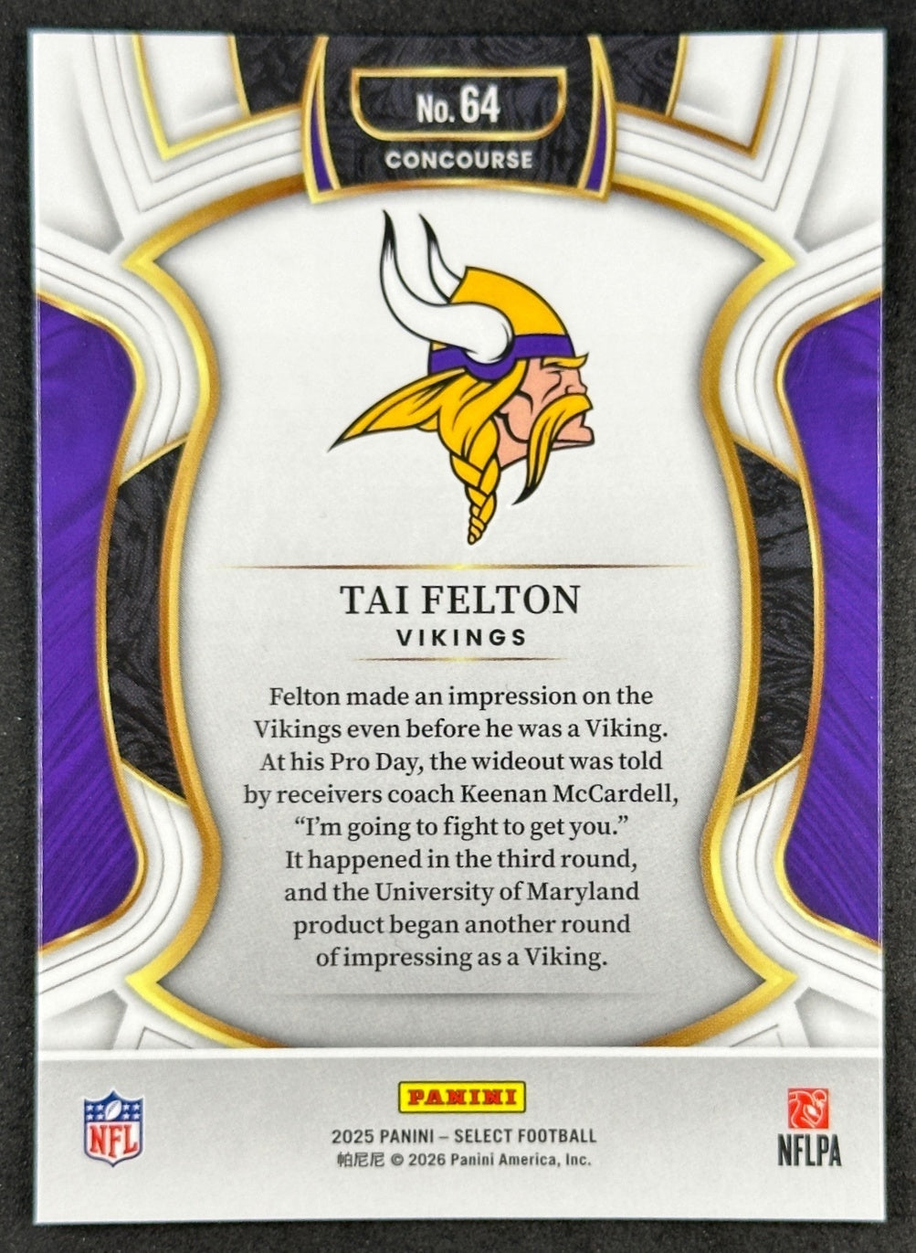 Tai Felton 2025 Select Concourse Vikings Football Card