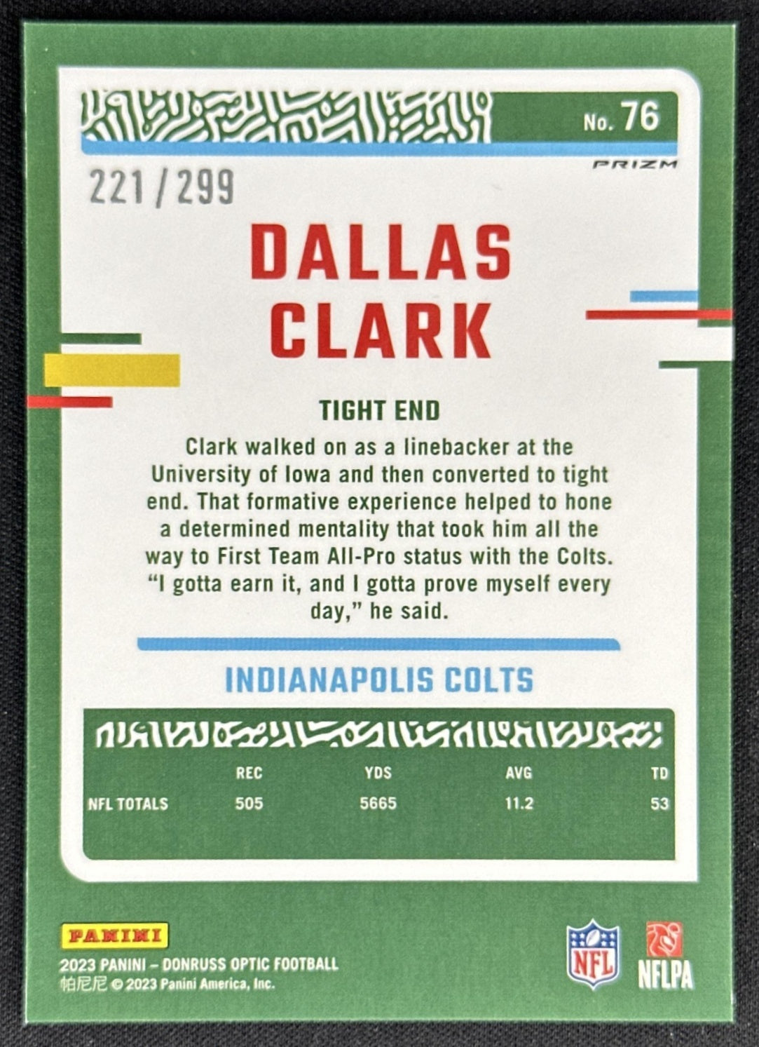 Dallas Clark 2023 Panini Donruss Optic Aqua Prizm /299 Colts