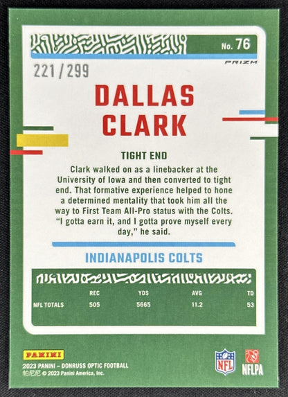 Dallas Clark 2023 Panini Donruss Optic Aqua Prizm /299 Colts