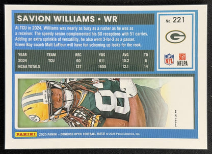 Savion Williams 2025 Panini Donruss Optic Rated Rookie Blue Hyper Prizm Packers back