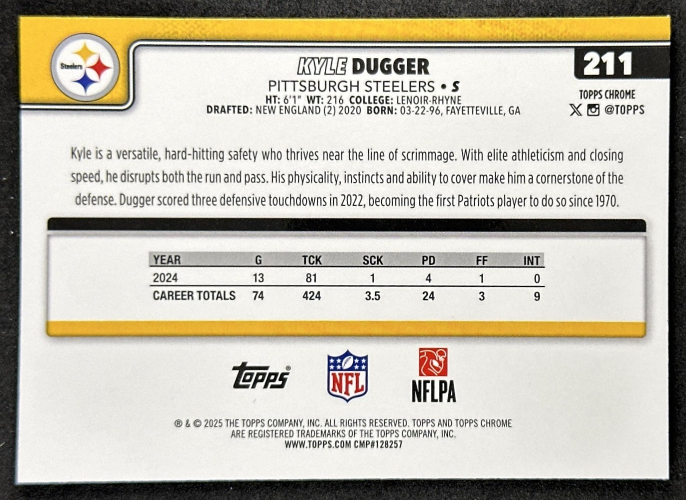 Kyle Dugger 2025 Topps Chrome Sapphire Steelers Sports Trading Cards