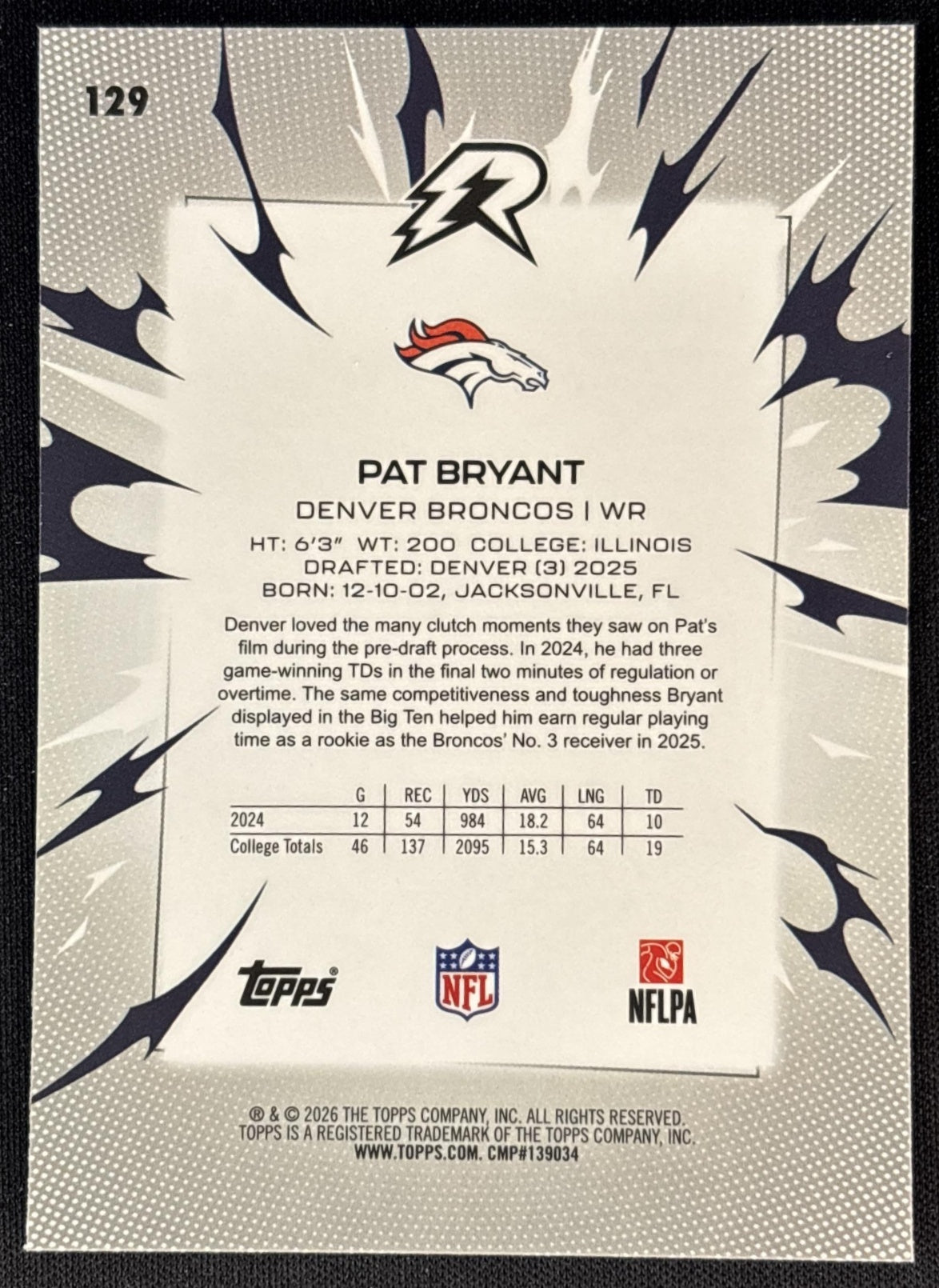 Pat Bryant 2025 Topps Resurgence Sky Blue and Pink Shock Refractor Broncos Denver Broncos Sports Trading Cards
