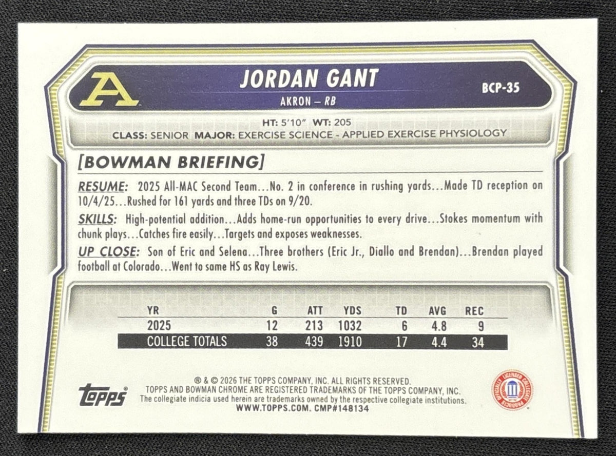 Jordan Gant 2026 Bowman Chrome Prospects Fuschia Refractor /299 Zips Sports Trading Card