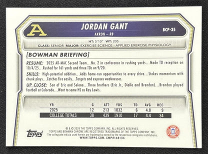 Jordan Gant 2026 Bowman Chrome Prospects Fuschia Refractor /299 Zips Sports Trading Card