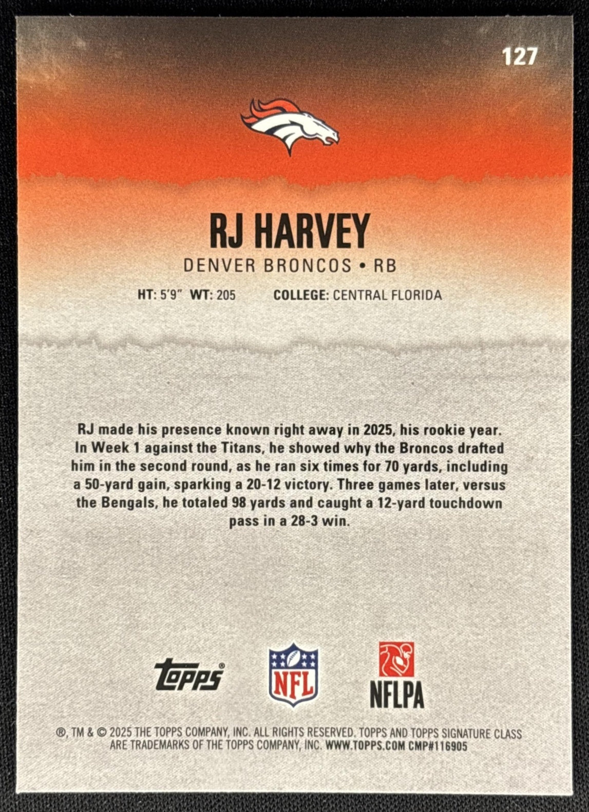 RJ Harvey 2025 Topps Signature Class Chrome Rookie Broncos Sports Trading Cards