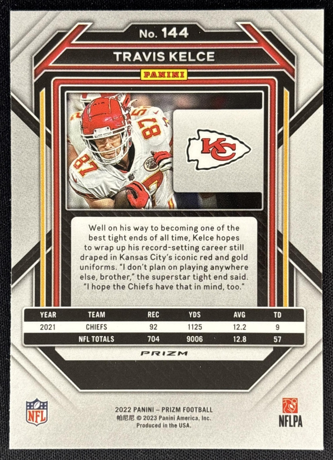 Travis Kelce 2022 Panini Prizm Green Chiefs back