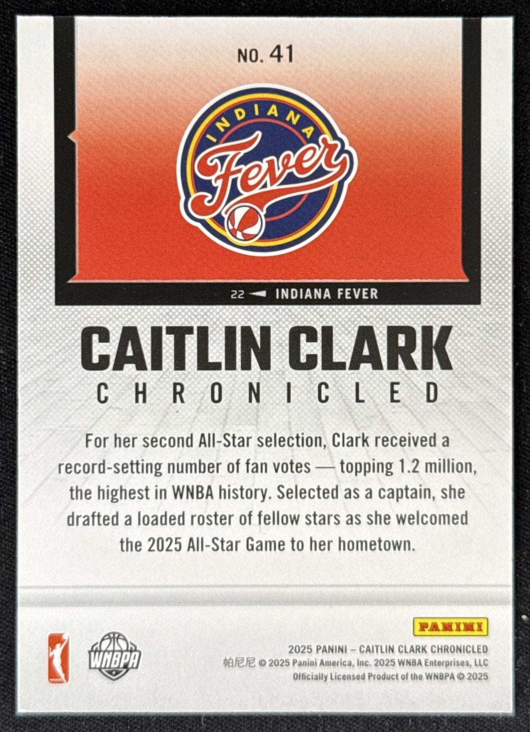 Caitlin Clark 2025 Panini Chronicled WNBA Holo Fever 41 Sports Trading Card