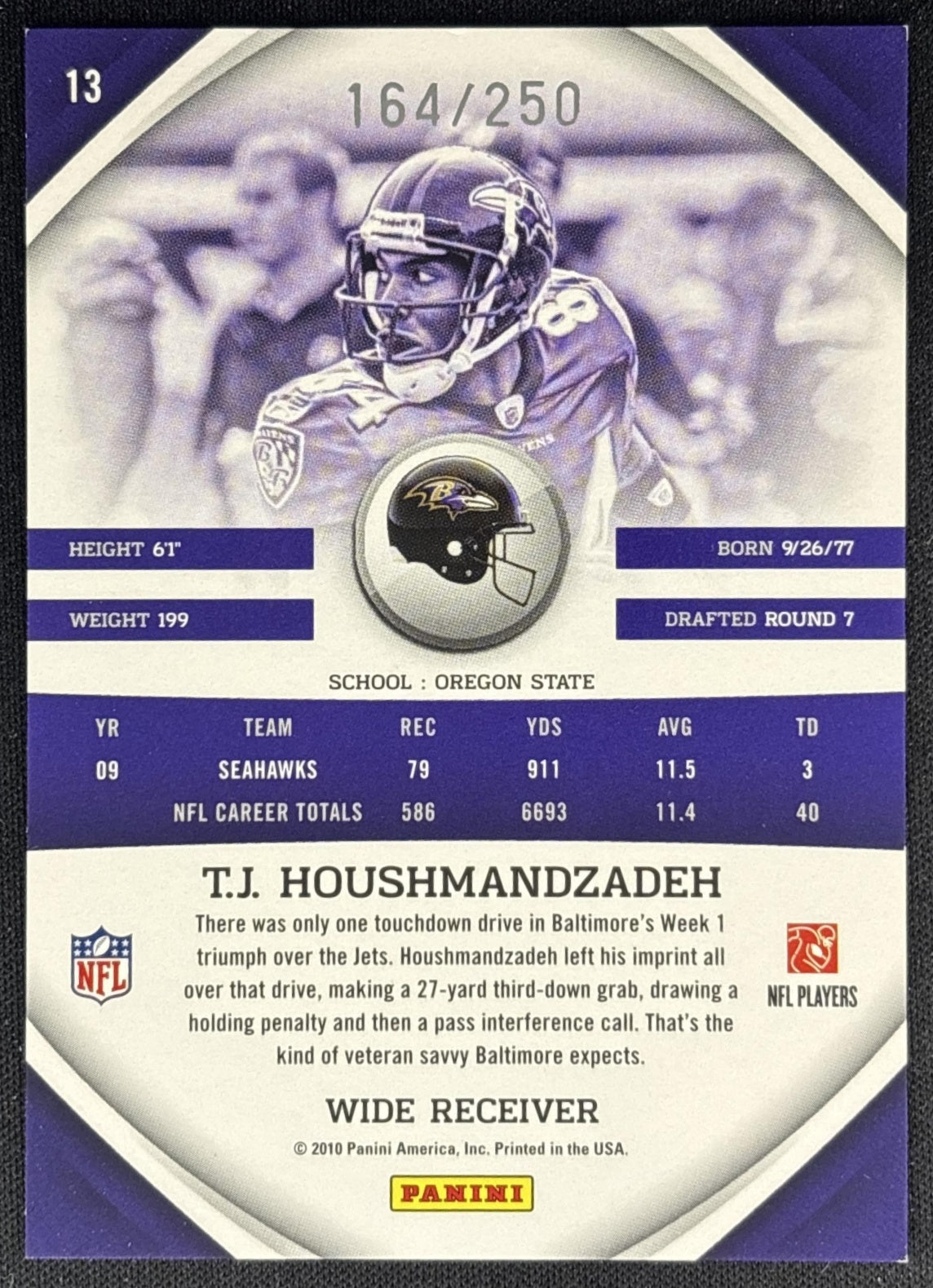 T.J. Houshmandzadeh 2010 Panini Gridiron Gear Silver X's /250 Ravens back