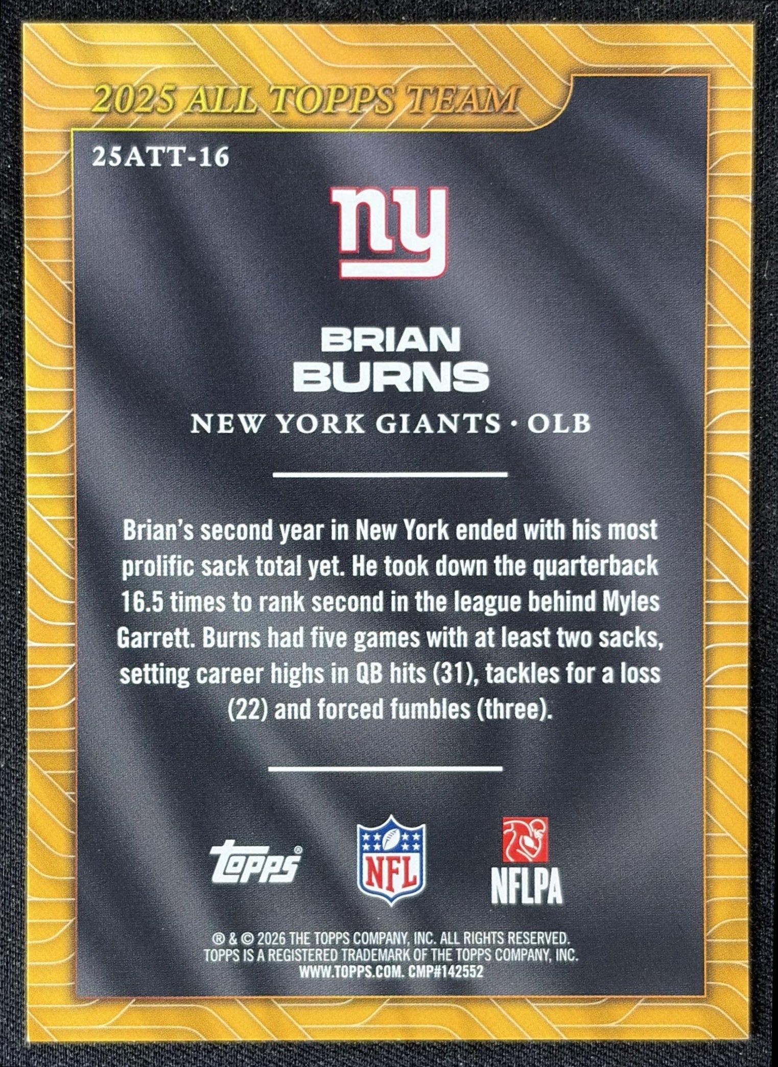 Brian Burns 2026 Topps 2025 All-Topps Team Giants back