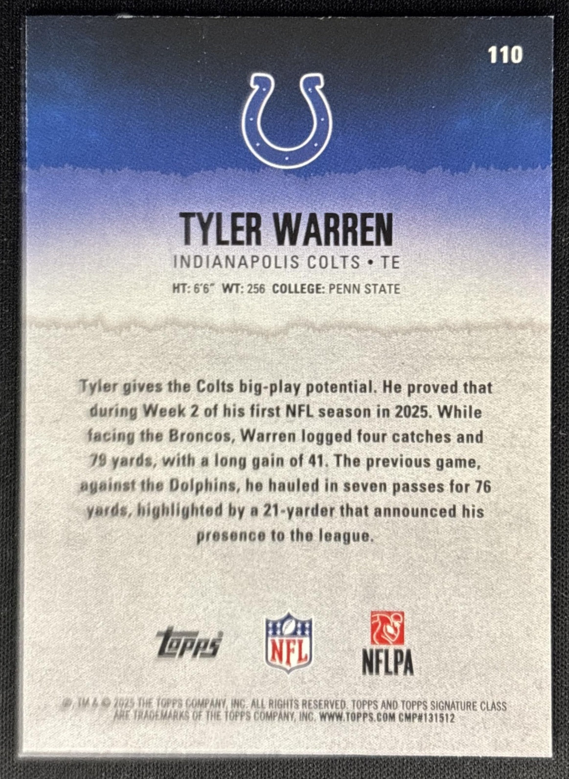 Tyler Warren 2025 Topps Signature Class Rookie Blue & Yellow Foil Colts Sports Trading Cards