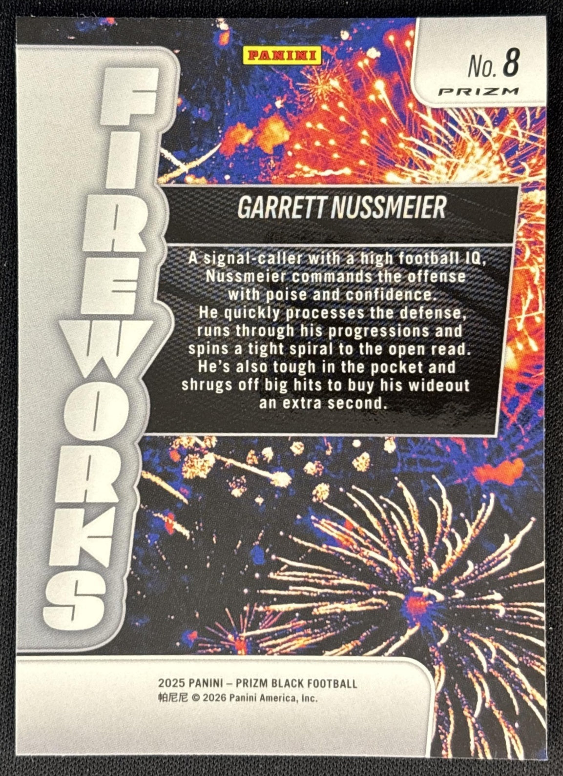Garrett Nussmeier 2025 Panini Prizm Black Fireworks Silver Tigers back