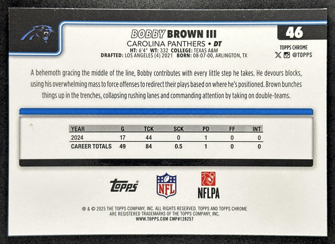 Bobby Brown III 2025 Topps Chrome Pulsar Refractor Panthers Sports Trading Cards