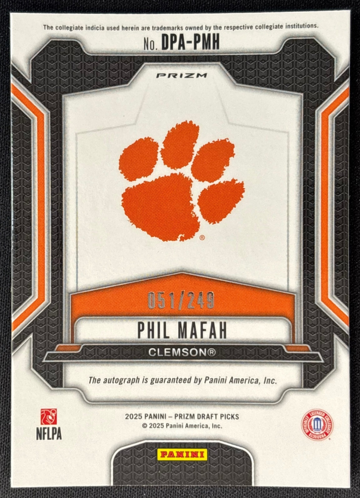 Phil Mafah 2025 Prizm Draft Picks Auto Blue /249 Tigers back | Wayne Collection