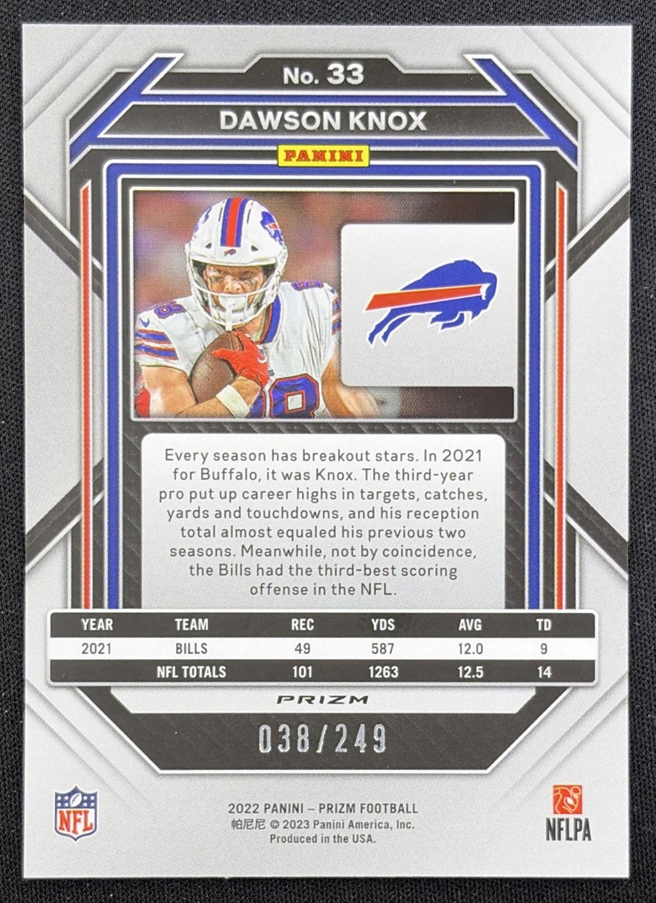 Dawson Knox 2022 Panini Prizm Orange /249 Bills