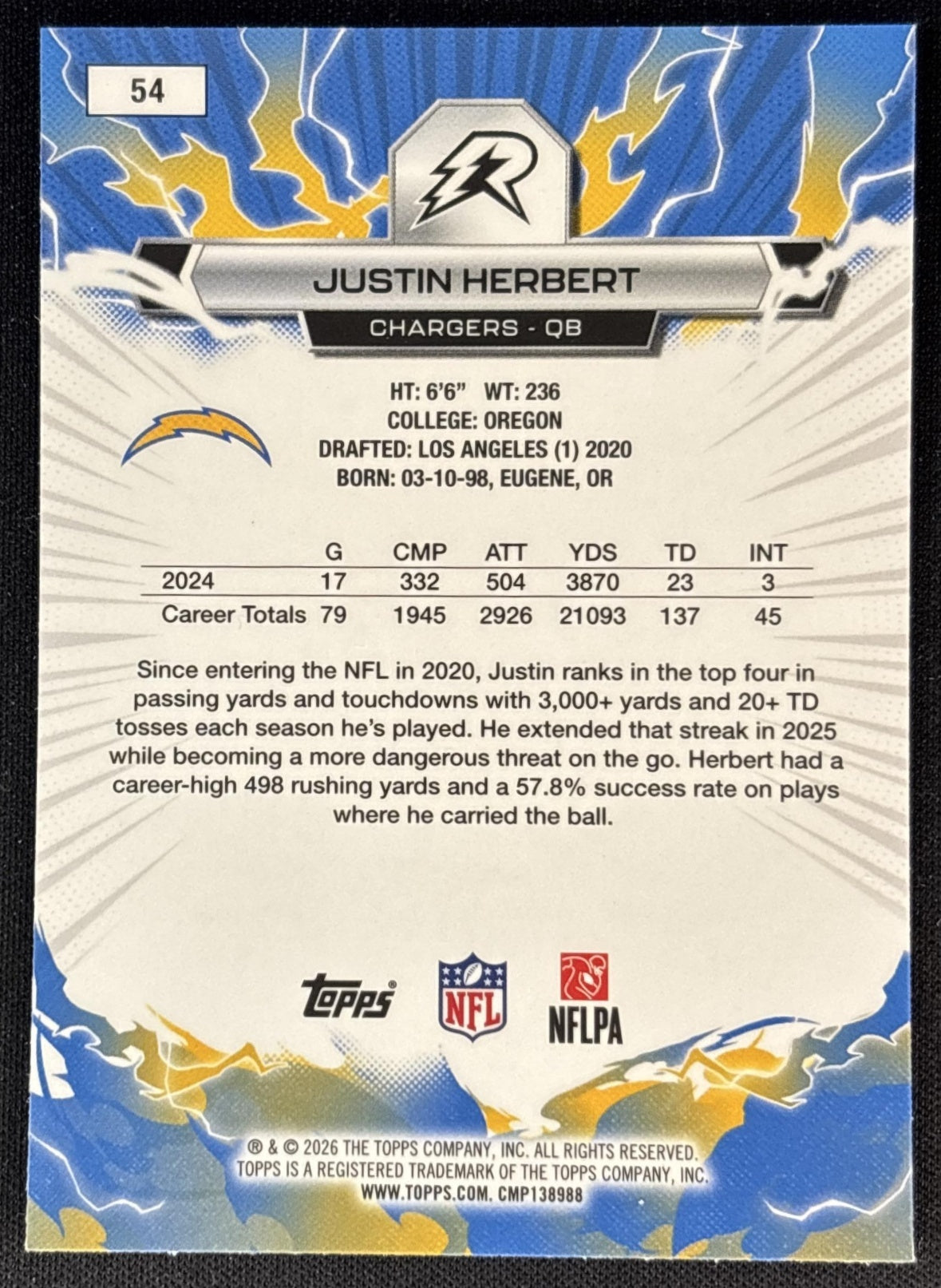 Justin Herbert 2025 Topps Resurgence Sky Blue and Pink Shock Refractor Chargers Los Angeles Chargers Sports Trading Cards