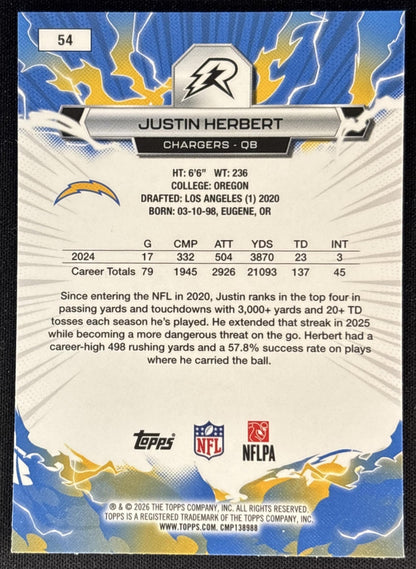 Justin Herbert 2025 Topps Resurgence Sky Blue and Pink Shock Refractor Chargers Los Angeles Chargers Sports Trading Cards
