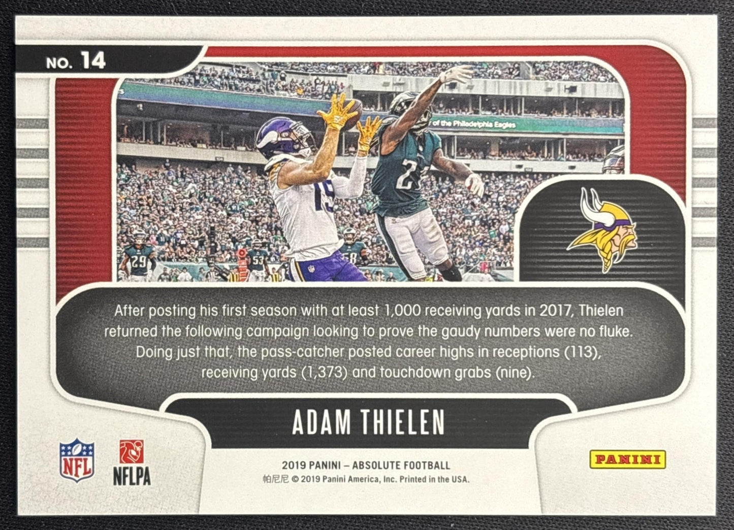 Adam Thielen 2019 Panini Absolute Red Zone Spectrum Blue /50 Vikings back