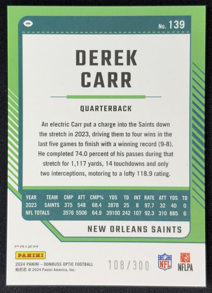 Derek Carr 2024 Panini Donruss Optic Wave /300 Saints Sports Trading Cards