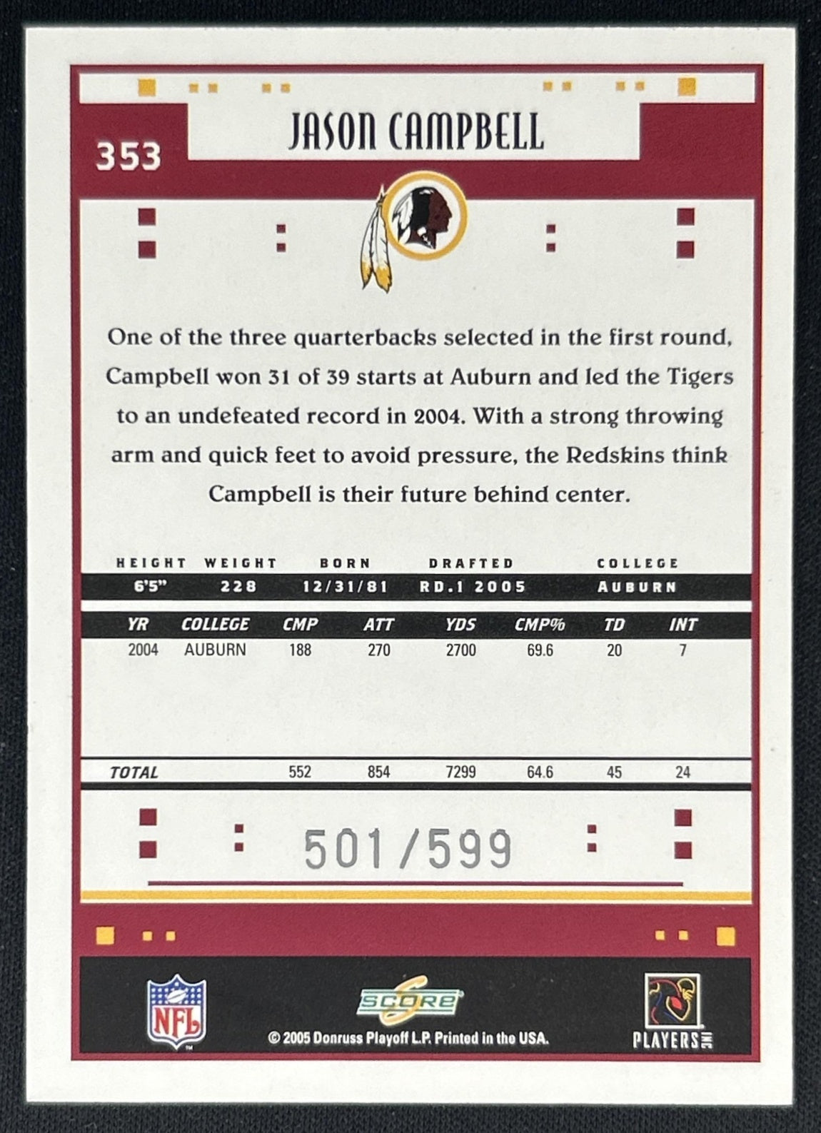 Jason Campbell 2005 Score Scorecard /599 Redskins back